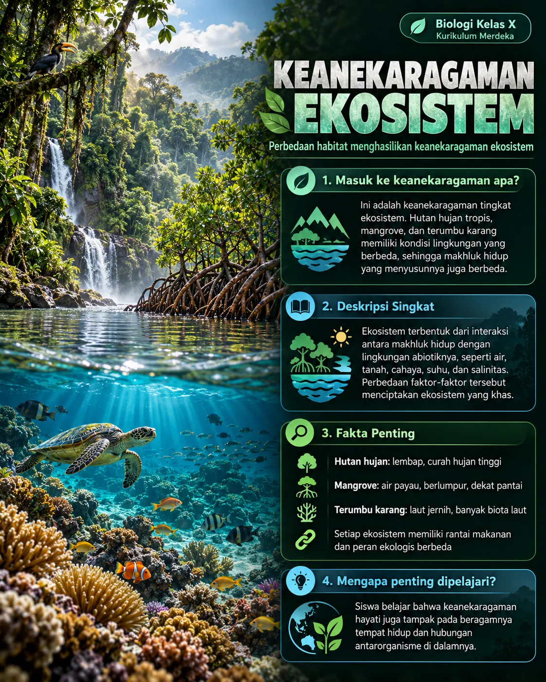 Ilustrasi hutan, mangrove, dan terumbu karang